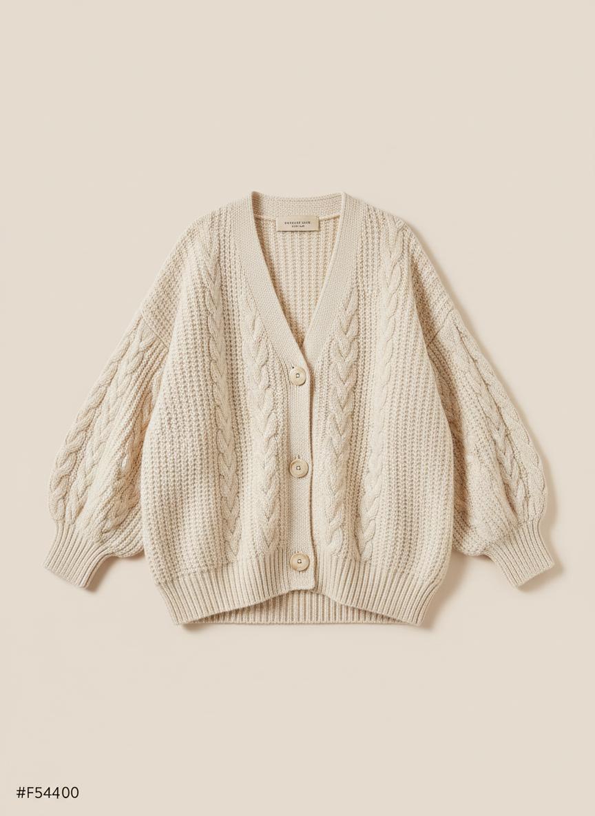 Ember cable knit cardigan on a beige background